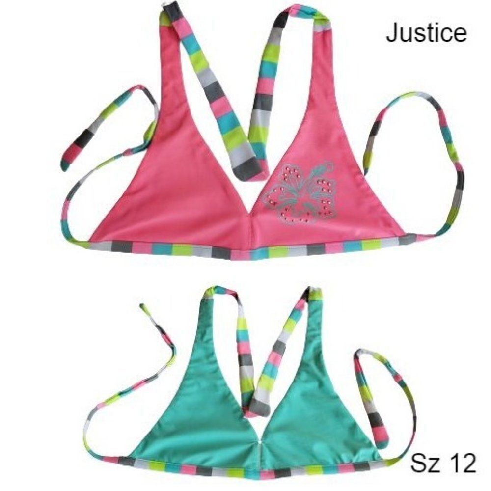 Justice Girls Bikini PINK Reversible Blue Bikini Top Swimwear Size 12 NWOT Clear